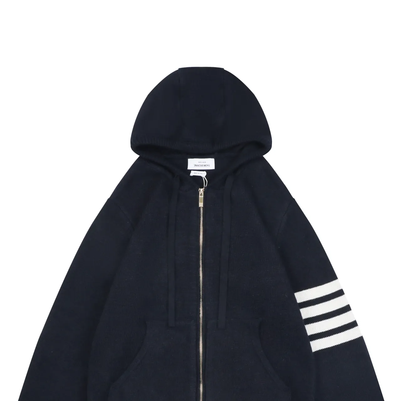 Four-Bar Back Pony Hooded Jacket Navy Wool Blend Preppy Knit Hoodie Detail