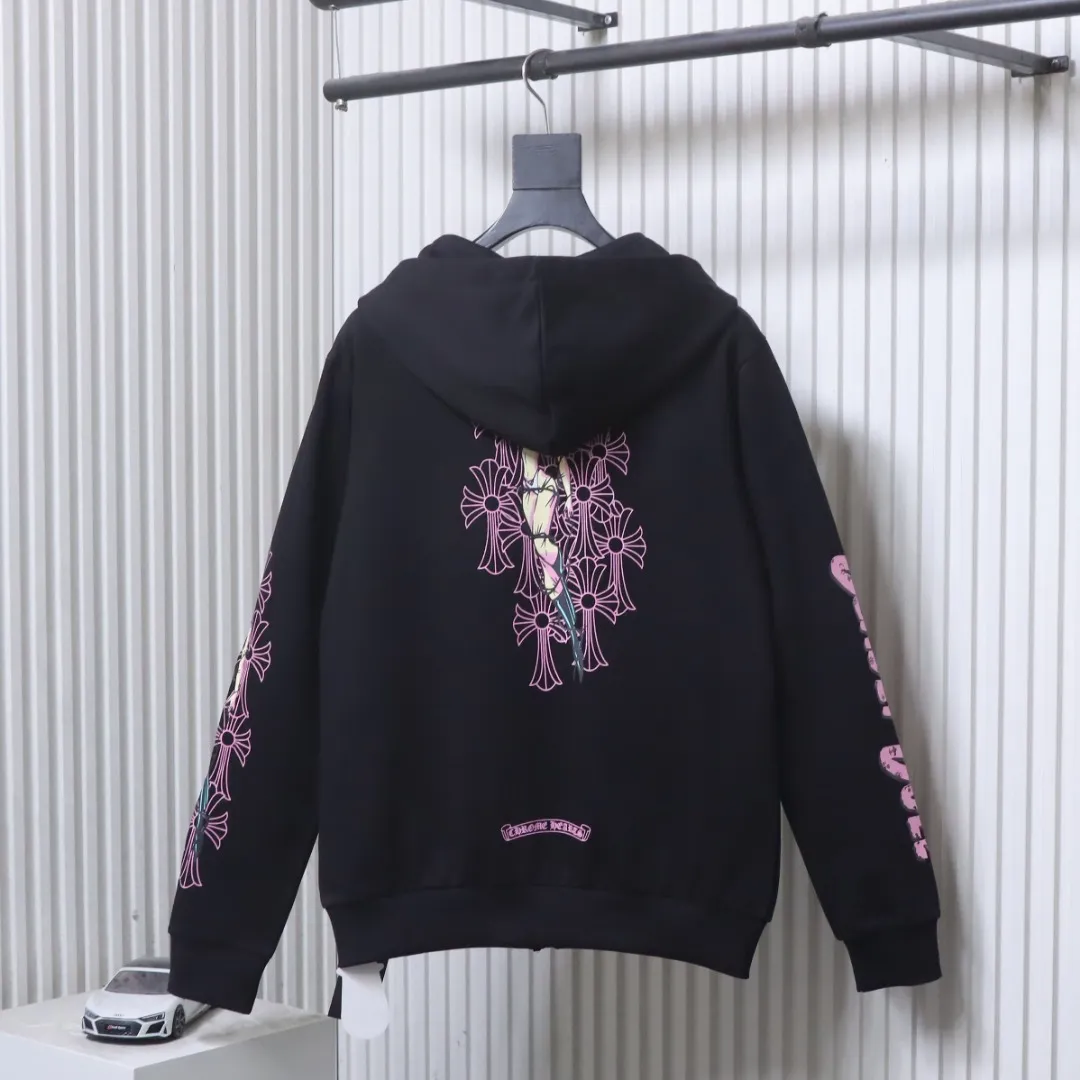 Back View CH Pink Roller Cross Print Zip-Up Hoodie
