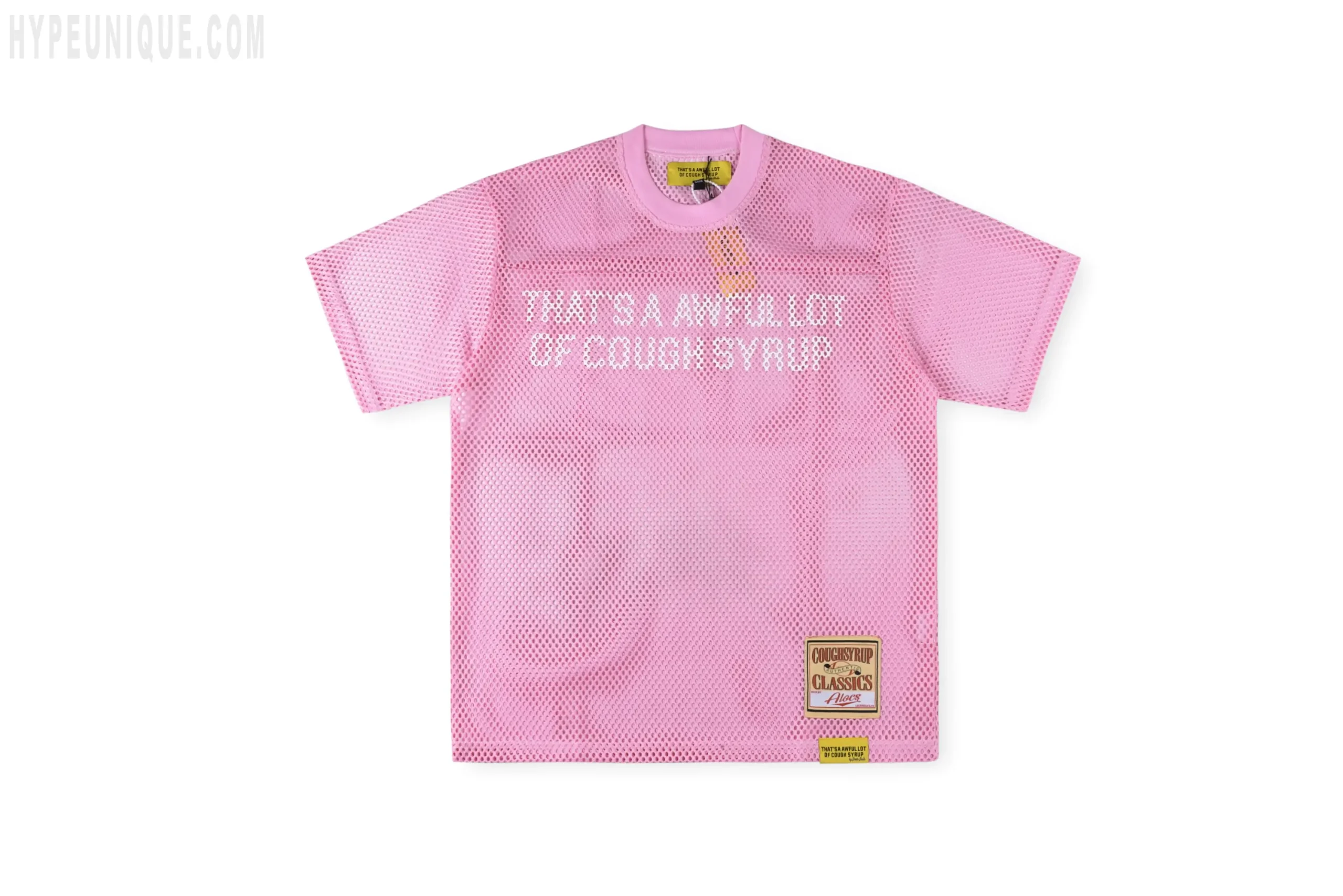 That's A Awful Lot of Cough Syrup Letter Mesh T-shirt, pink, front view. Showing the mesh fabric and the brand's printed logo on the chest.
