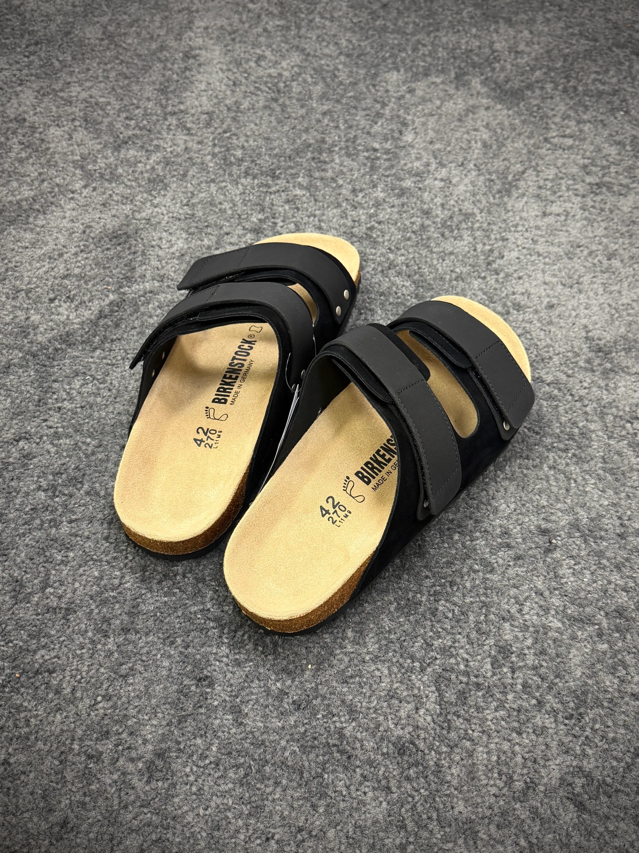 BK Uji Black Suede Double-Strap Sandals Top Angeled View