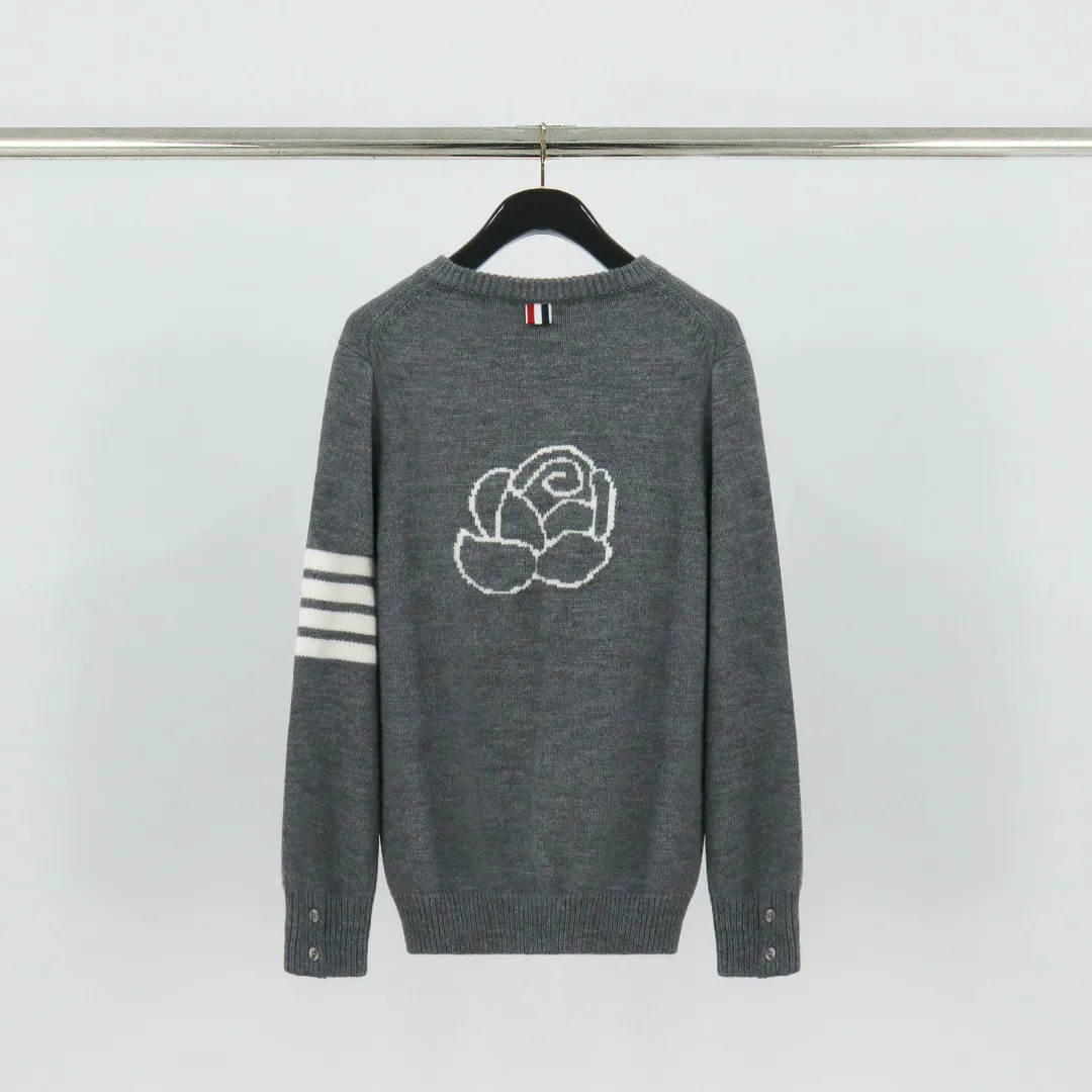 TB Rose Jacquard Four-Bar Wool Crewneck Sweater