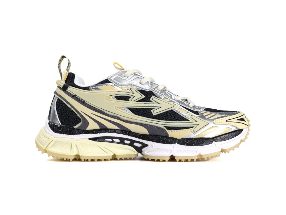 Black, silver, and beige sneaker with mesh upper and chunky rubber sole.