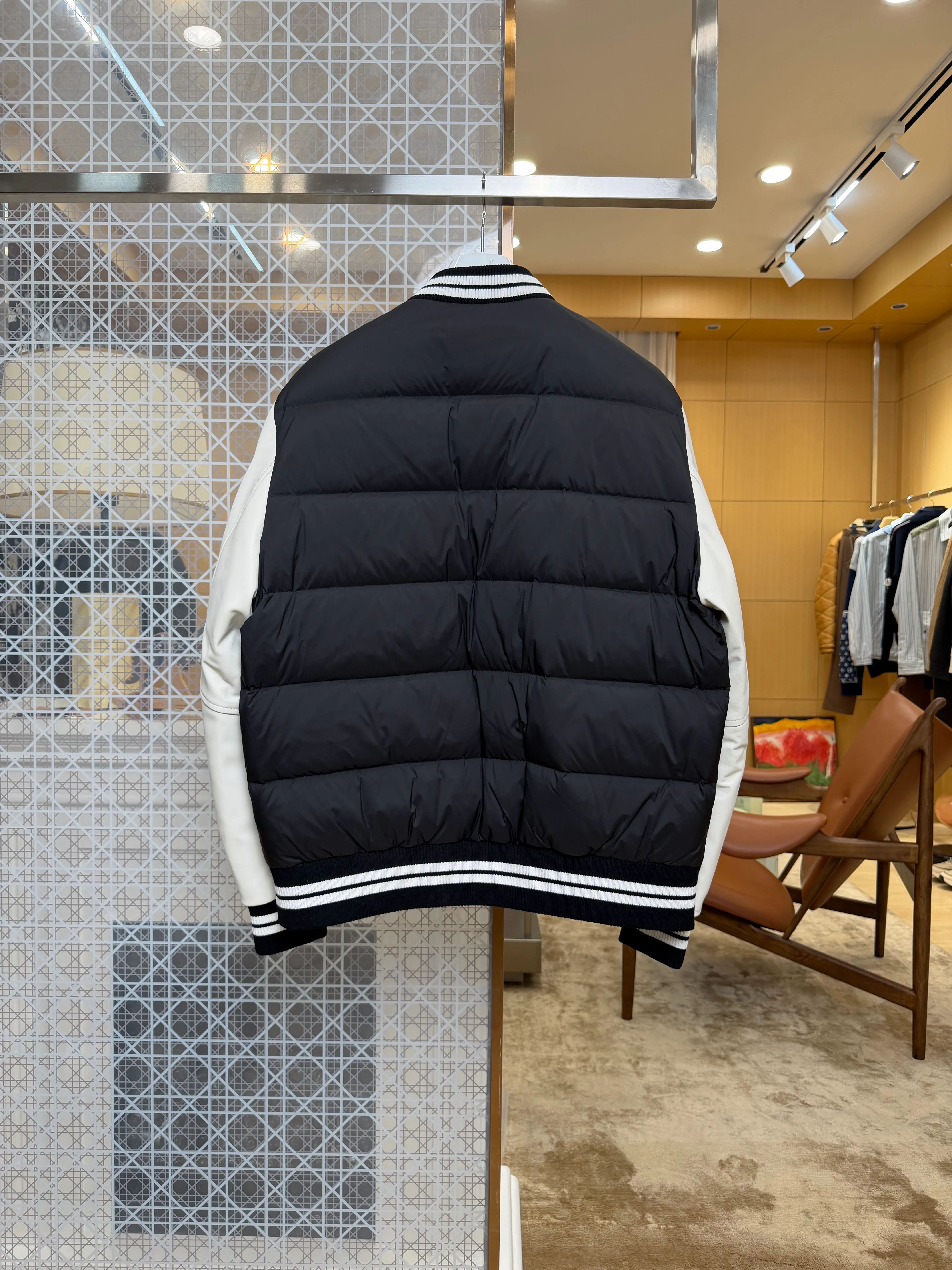 Back View Mcler Black White Leather Sleeve Baseball Collar Down Jacket