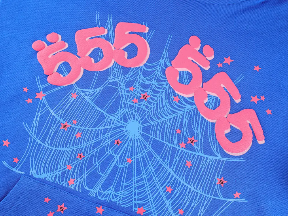 Blue fabric hoodie with pink text and graphic design featuring a spider web.