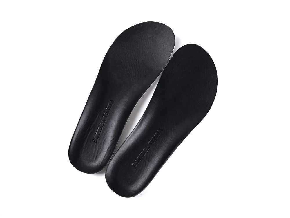 Black leather shoe insoles, ergonomically designed for comfort and support.