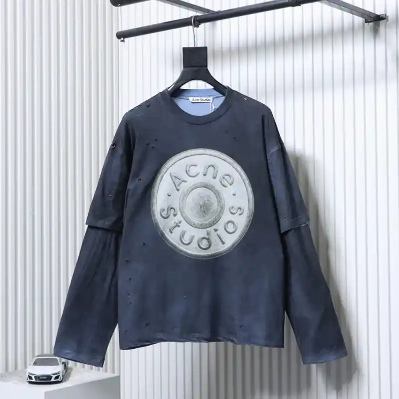 Acne Distressed Sandblasted Logo Print Faux Two-Piece T-Shirt