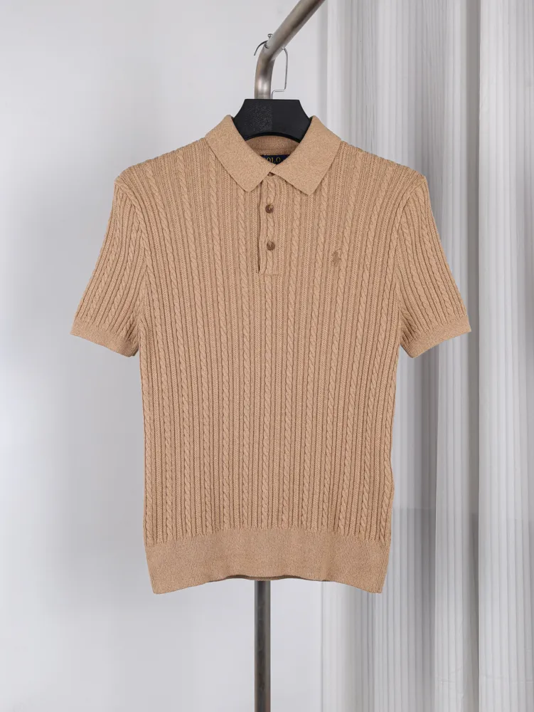 RL Cable Knit Pony Logo Short-Sleeve Polo T-Shirt Color Khaki