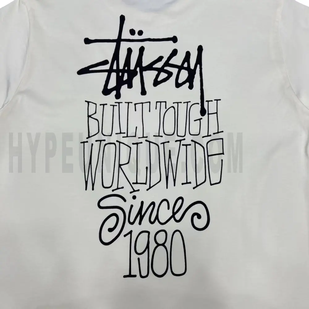 Detailed shot capturing the graphic print on the white tee's back panel.