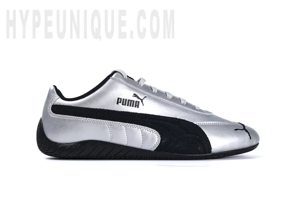 Lateral view of the right Puma Speedcat Metallic Silver shoe.