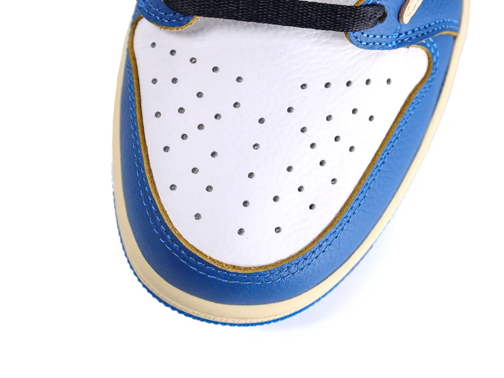 Blue and white leather sneaker toe with perforations and black laces.