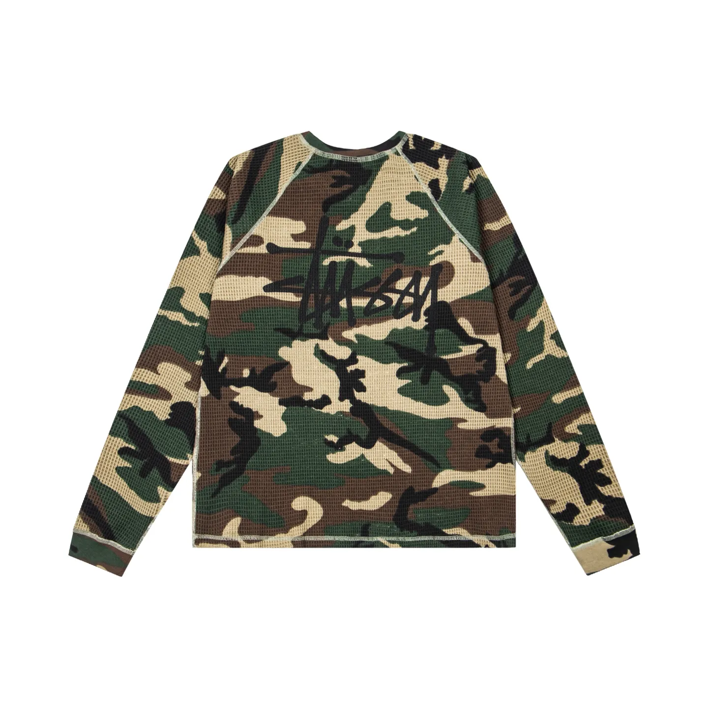 Back Stussy Fall Logo Camouflage Waffle Knit Raglan Long-Sleeve Shirt