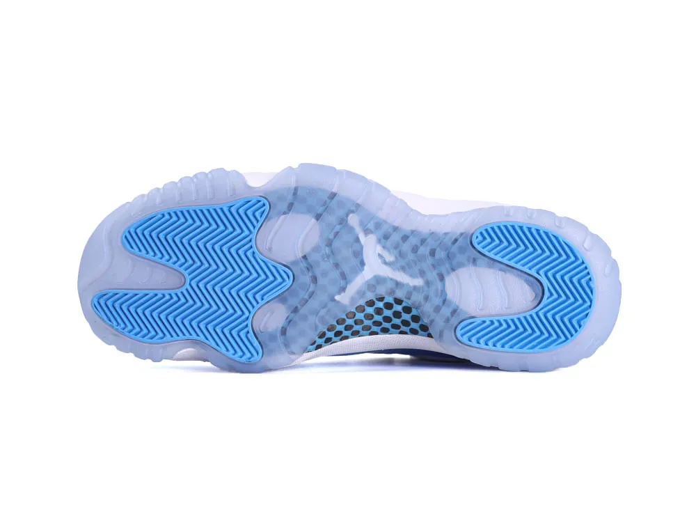 Blue and white rubber shoe sole with textured grip pattern and visible logo.