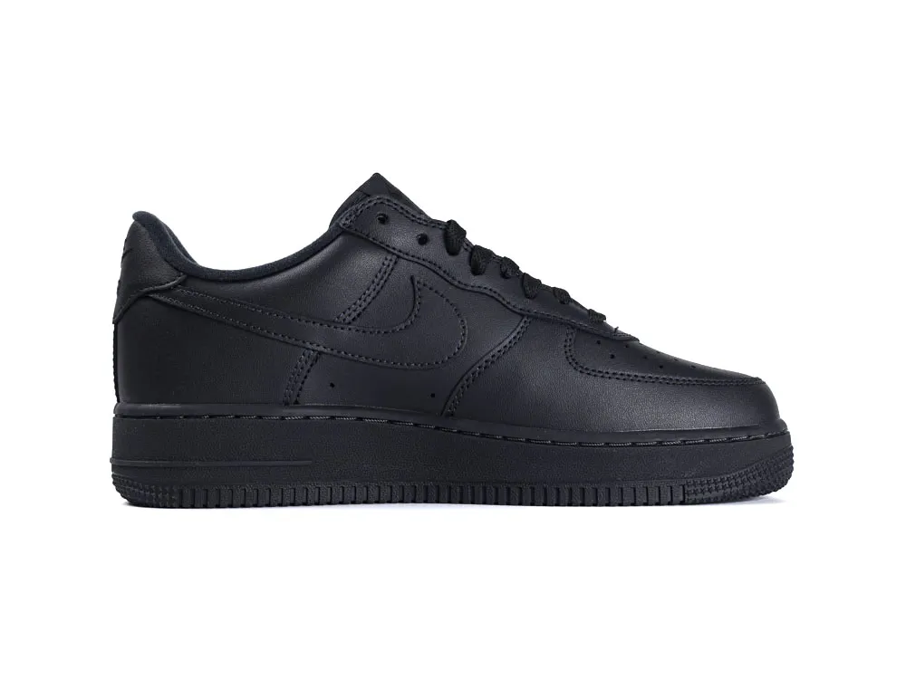 Black leather sneaker with a low-top design and matching black sole.