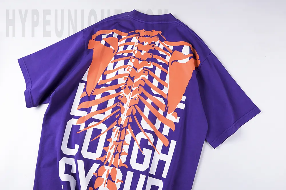 Rear detail view of the That’s A Awful Lot of Cough Syrup Skull Ribs T-shirt in blue.
