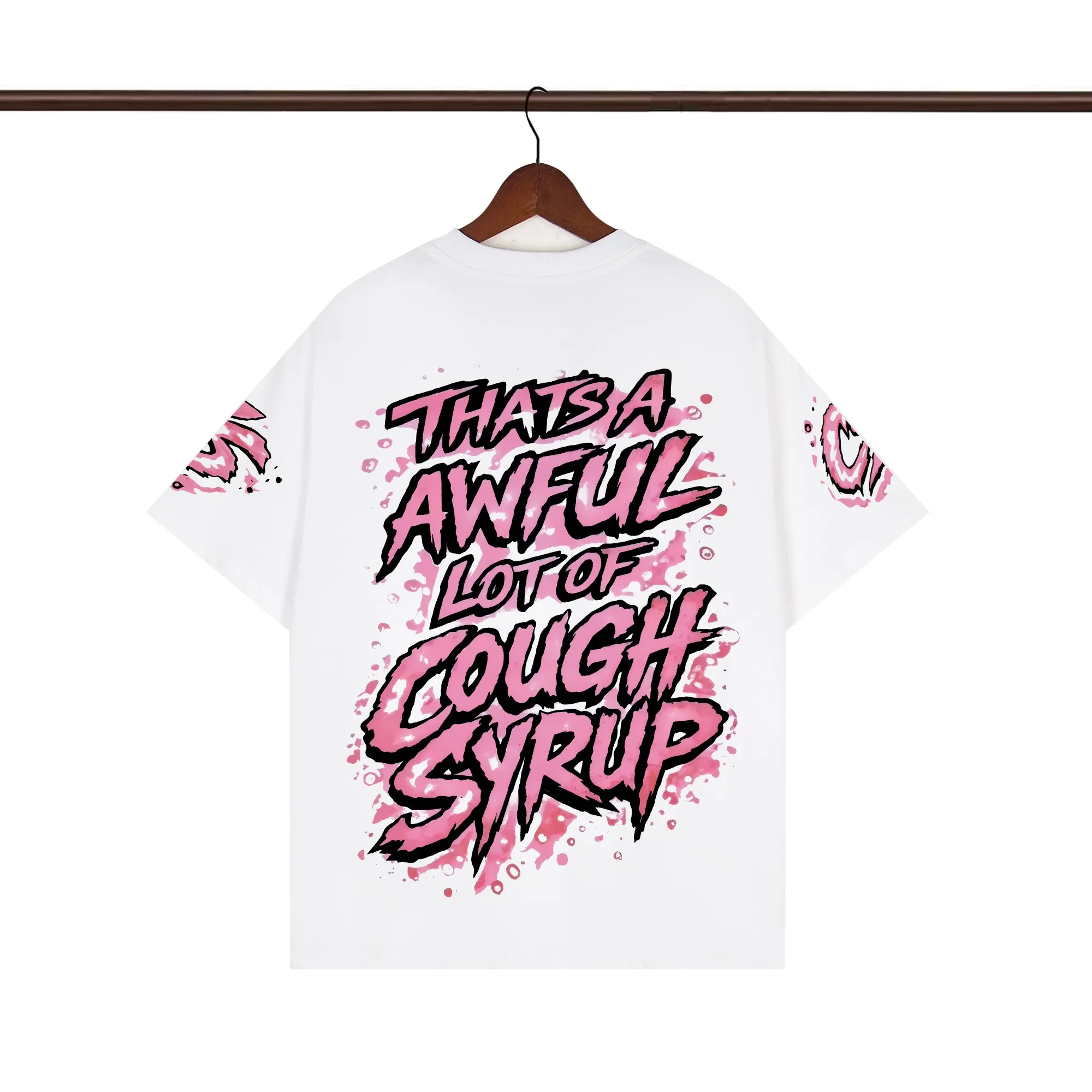 Back of That’s A Awful Lot Of Cough Syrup Pink Splatter Cup Graphic T-Shirt Color White