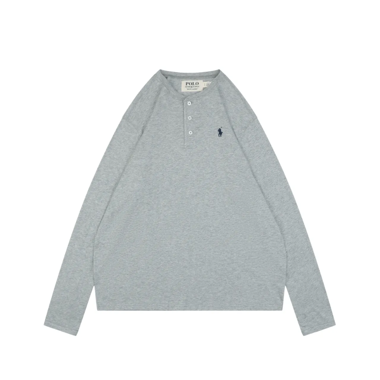 RL Pony Logo Henley Collar Long Sleeve Shirt Color Gray