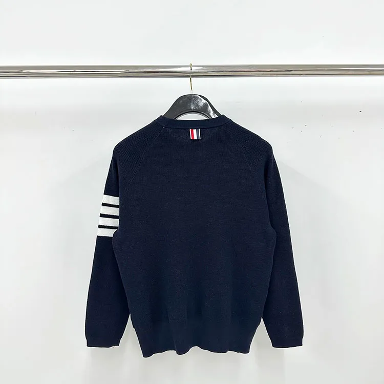 Back View TB Four-Bar Waffle Knit Crew Neck Sweater