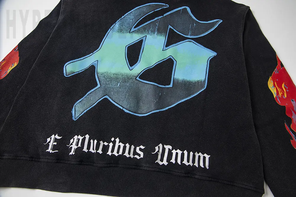Printed graphic on the back of the clothes
