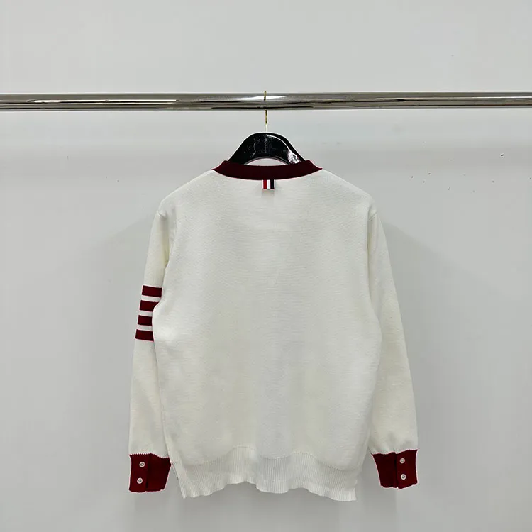 Back View TB Four-Bar Red and White Cotton Cardigan Sweater