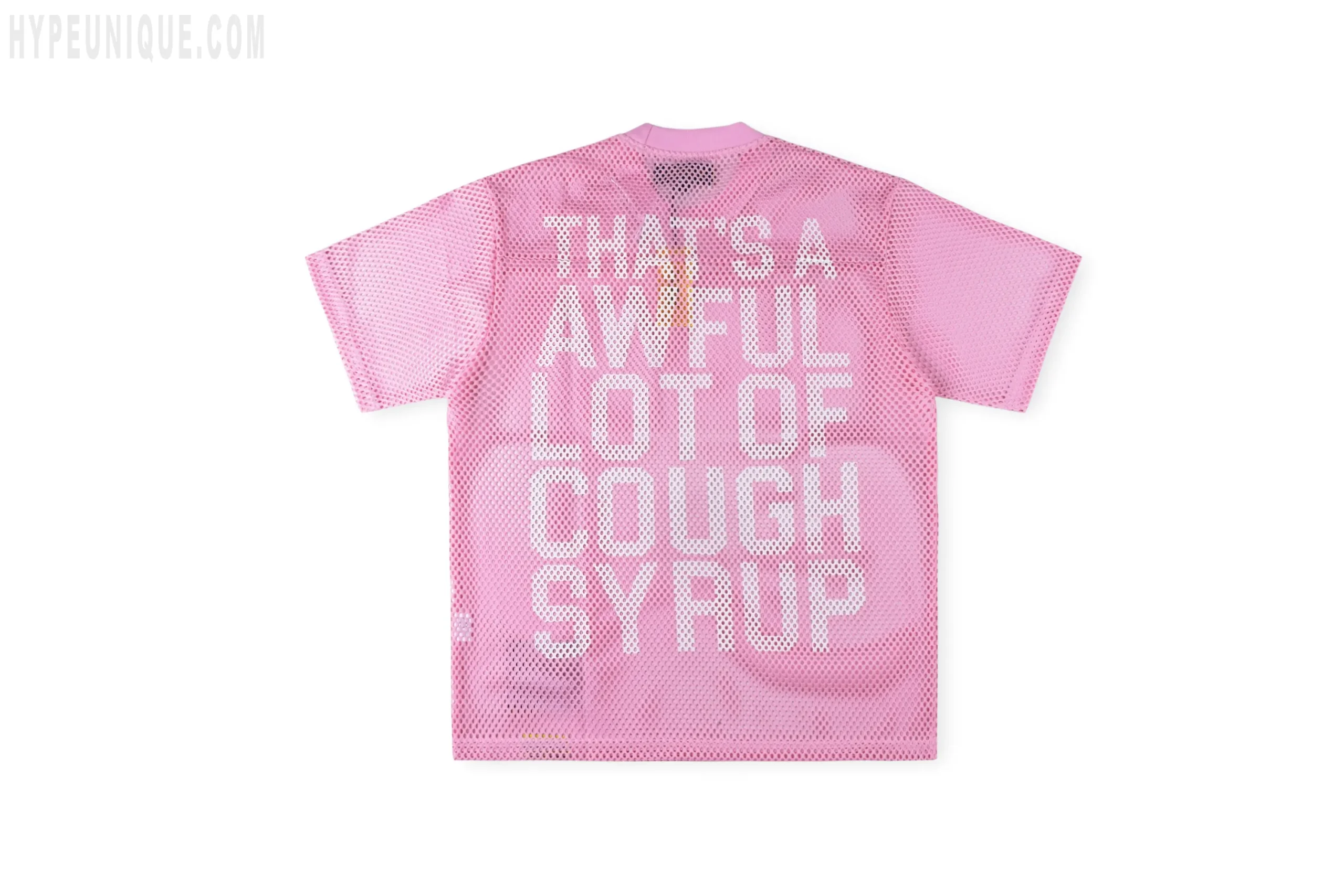 Front view of the pink back of the That's A Awful Lot of Cough Syrup Letter Mesh T-shirt. This shows the mesh back and the brand's logo.