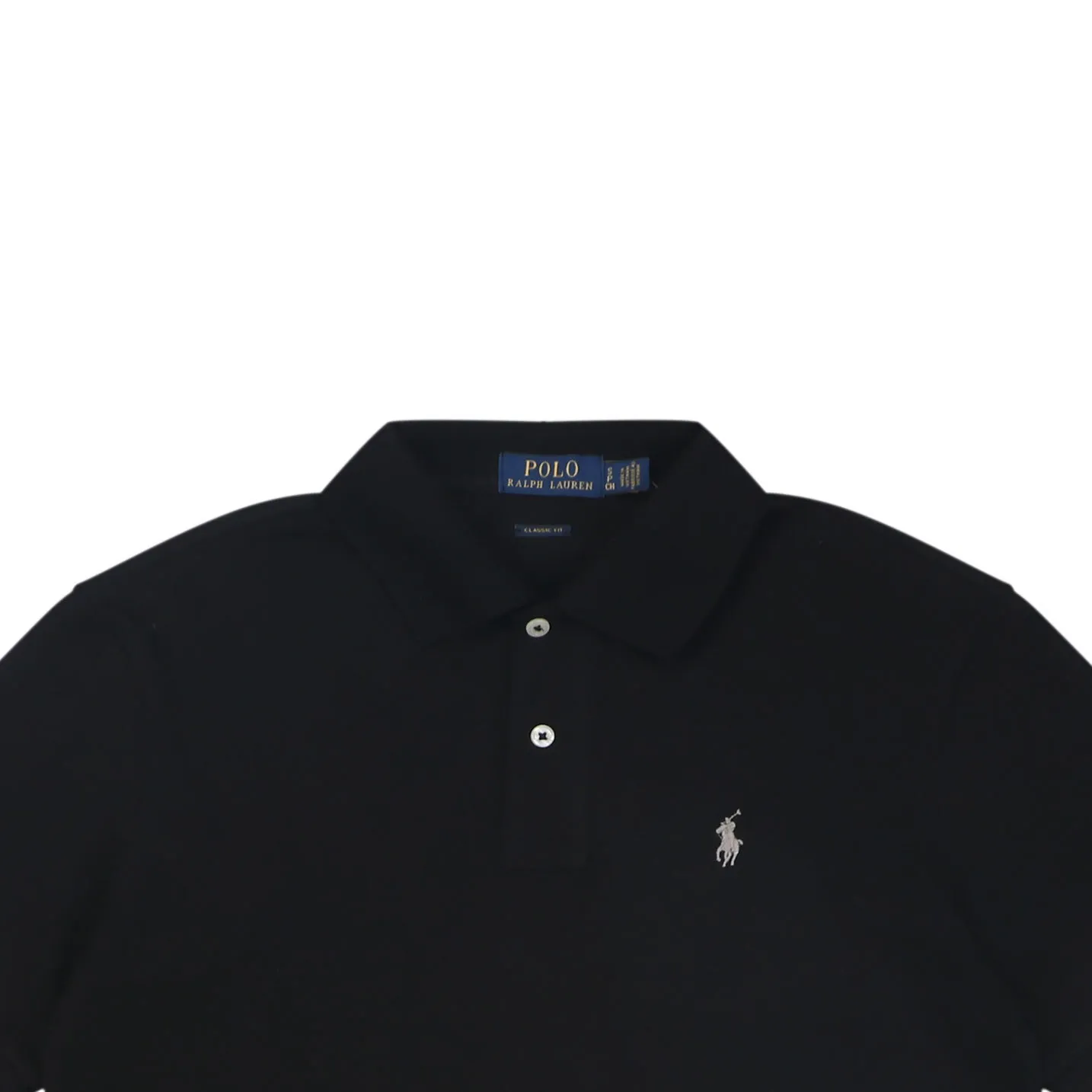 Black cotton polo shirt with collar and buttons, featuring embroidered logo detail.