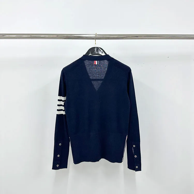 Back View TB Four-Bar Fine Wool Cardigan Sweater