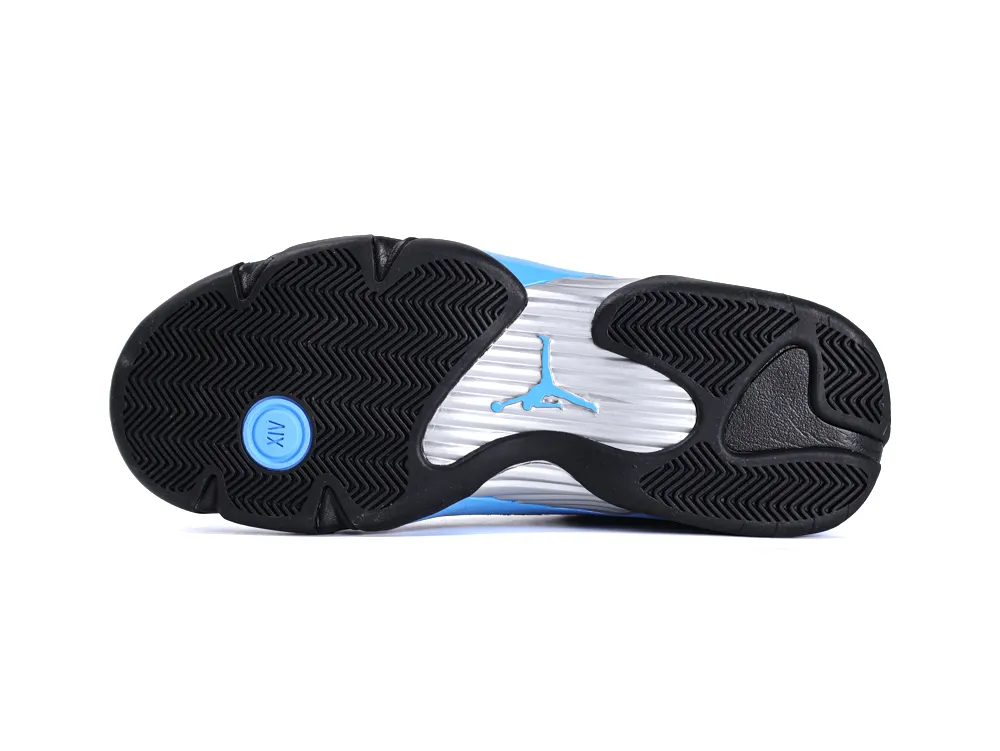 Black and blue rubber shoe sole with herringbone pattern and embossed logo.