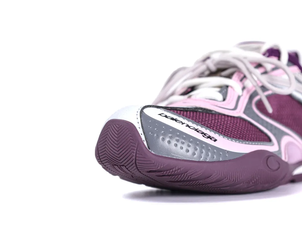 Purple and pink mesh sneaker with white laces and textured rubber sole.