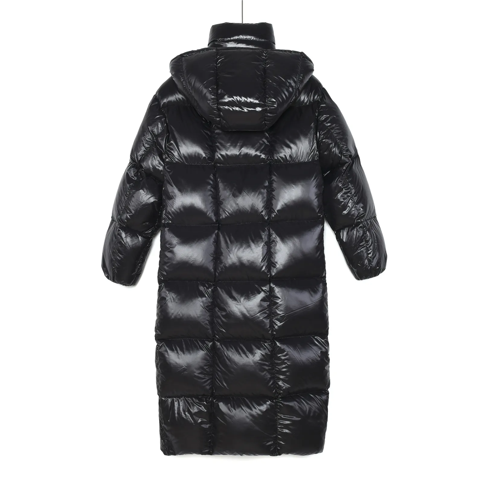 Back View Mcler Black and Gold Long Hooded Down Jacket
