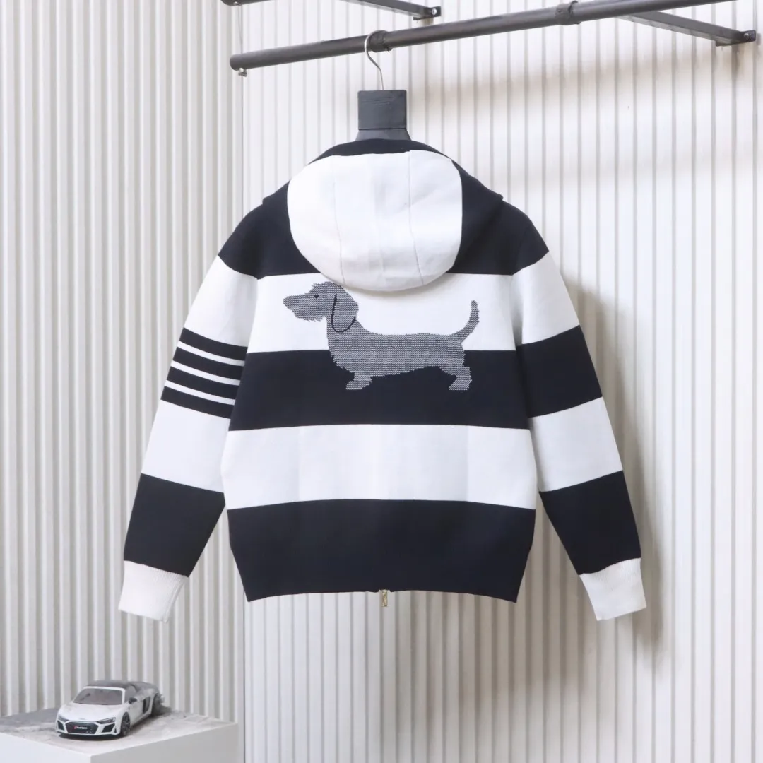 Back View TB Wide-Stripe Puppy Knit Hooded Cardigan
