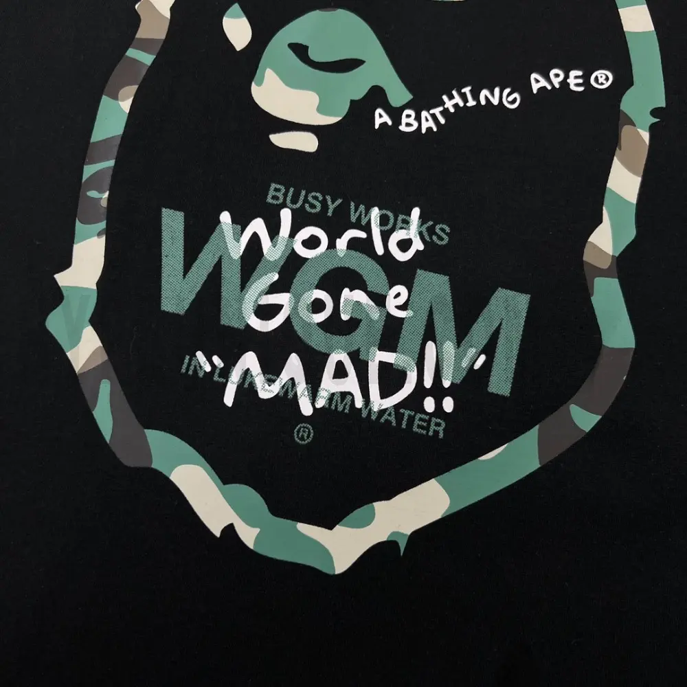 Close-up of the T-shirt print details of the back of the black clothes.