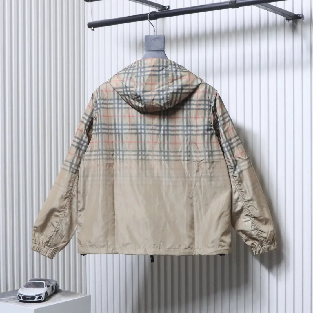 Back View BBR Beige Gradient Check Hooded Windbreaker Jacket