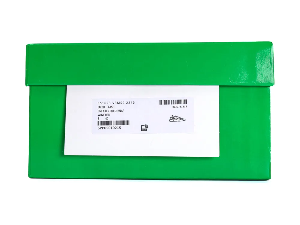 Green Bottega Veneta shoebox with a product label for Orbit Flash sneakers in Wine Red.