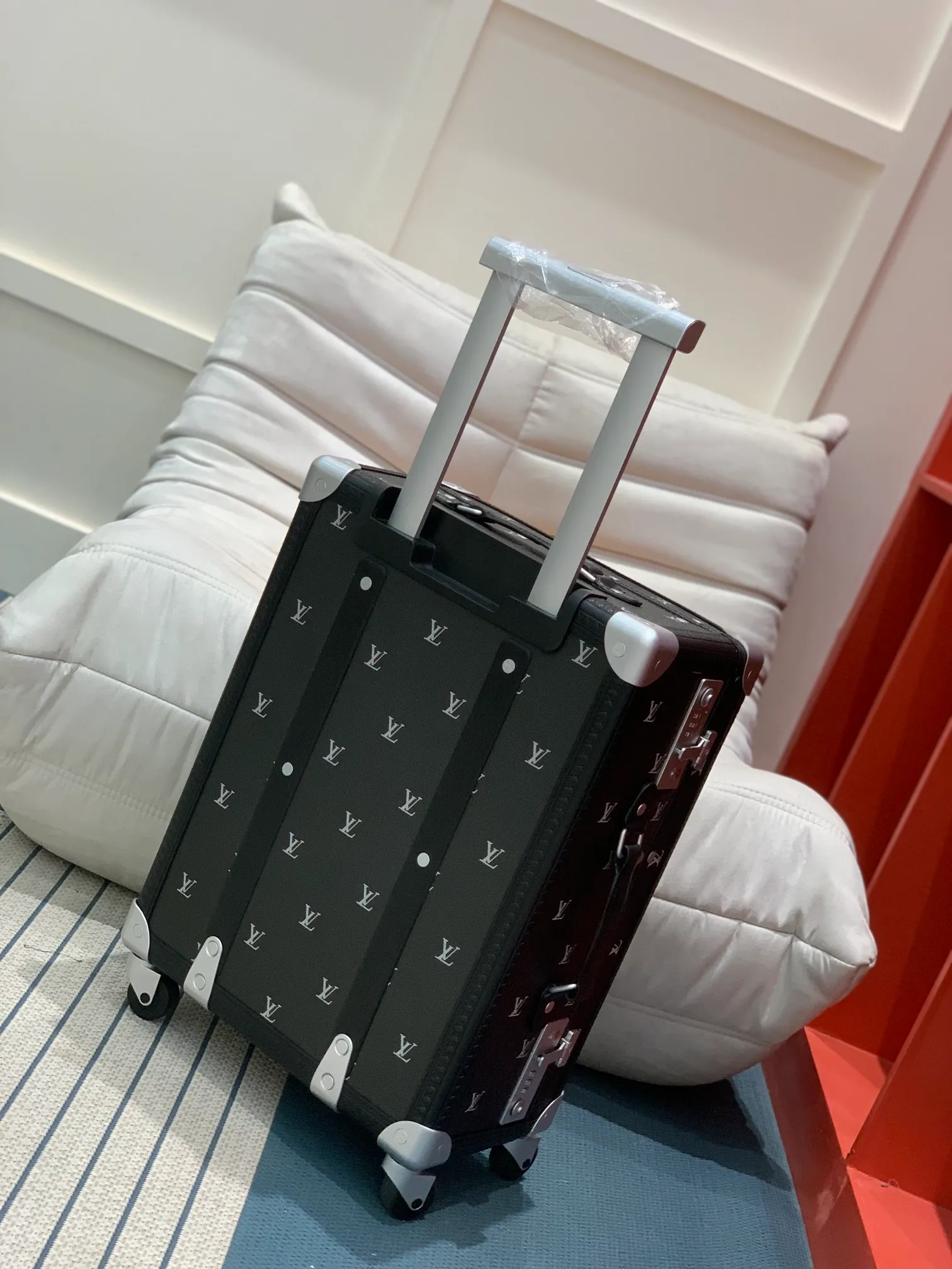 Rolling Trunk Black Monogram Carry-On Suitcase Back Three-Quarter View