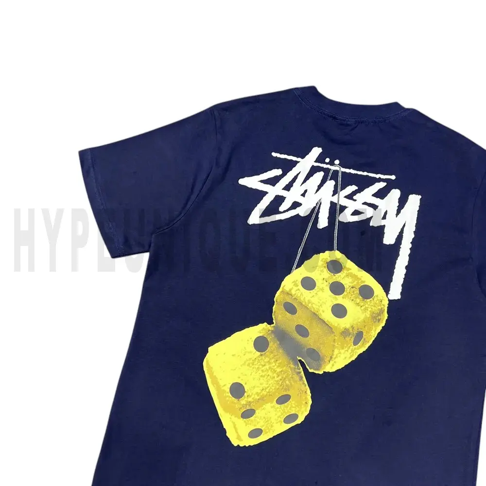 Close-up of the back of the blue T-shirt