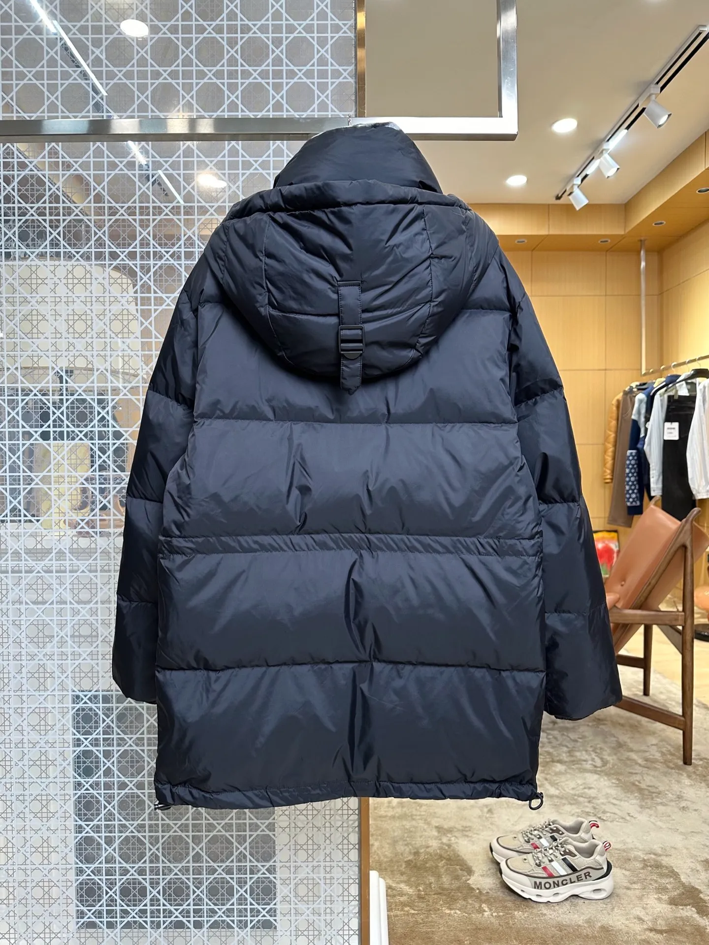 Back View BBR Check Hooded Mid-Length Down Jacket