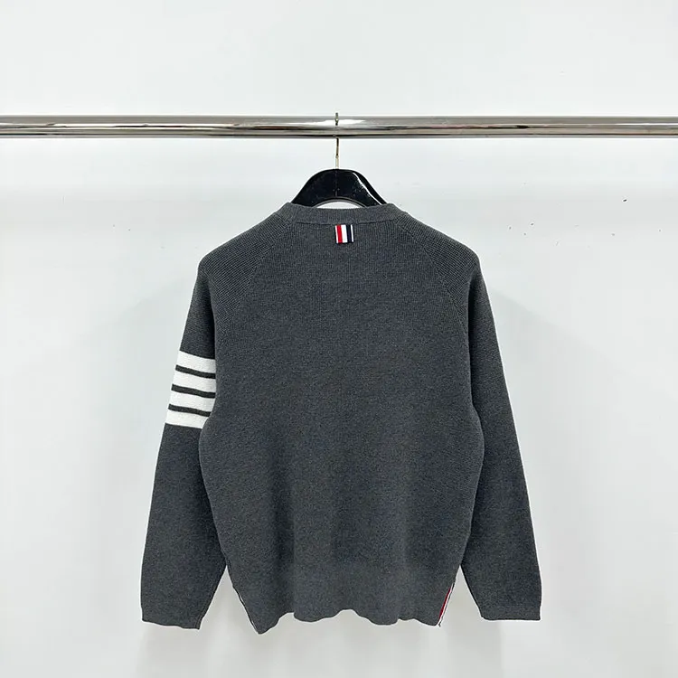 Back View TB Four-Bar Waffle Knit Crew Neck Sweater