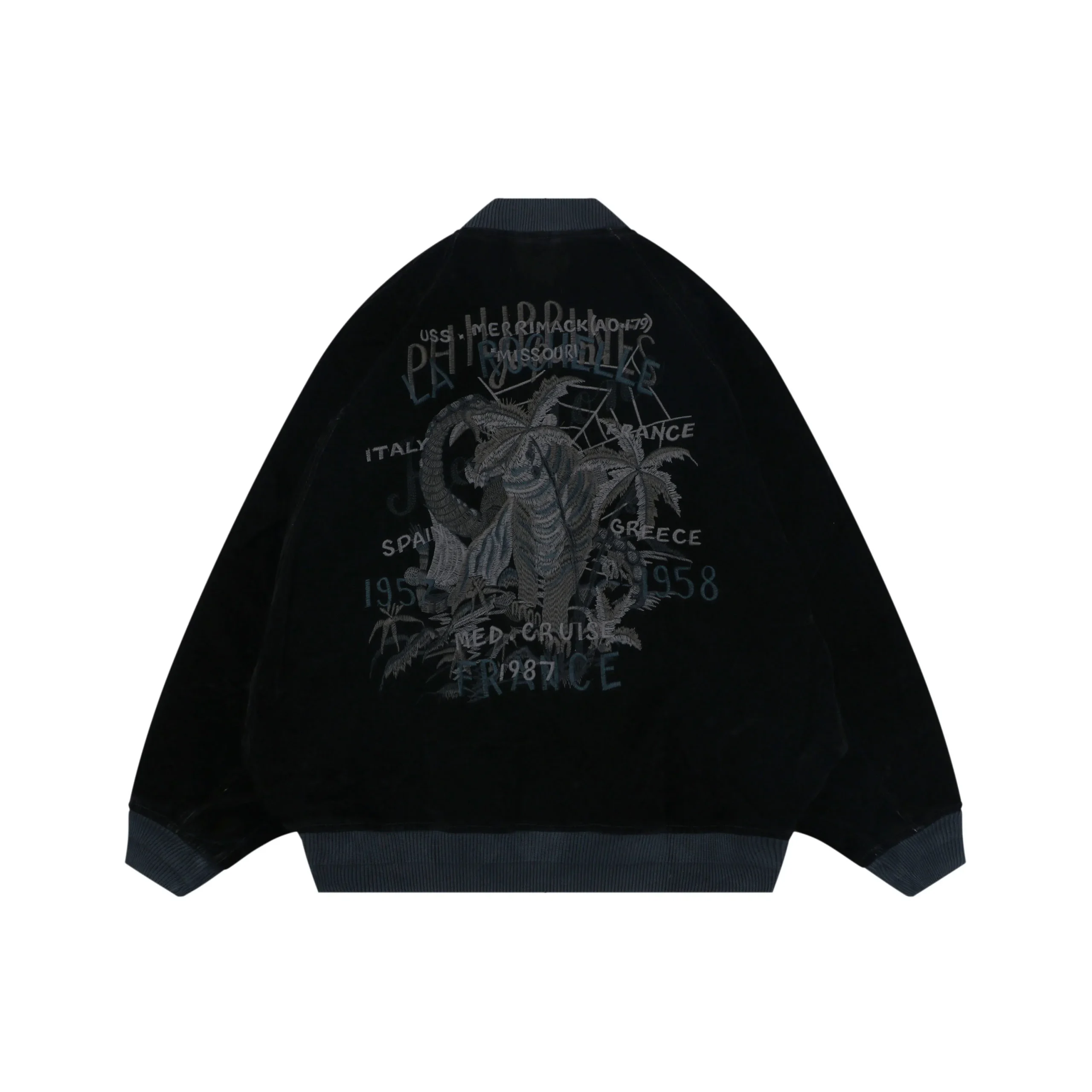 Black embroidered jacket with ribbed cuffs, featuring intricate design on the back.