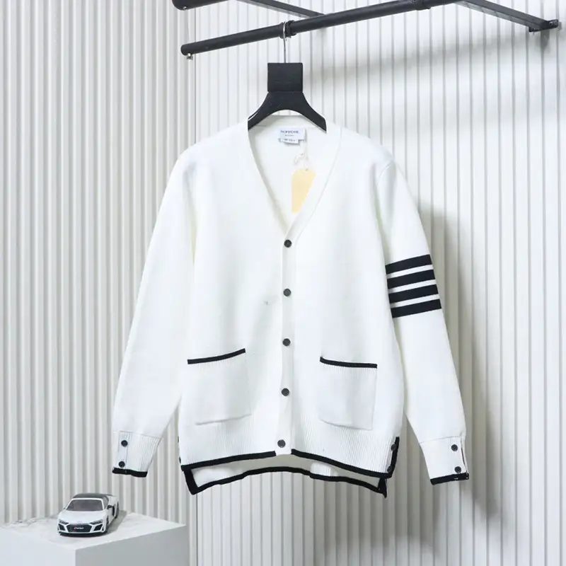 TB Four-Stripe Front-Short-Back-Long Wool Cardigan