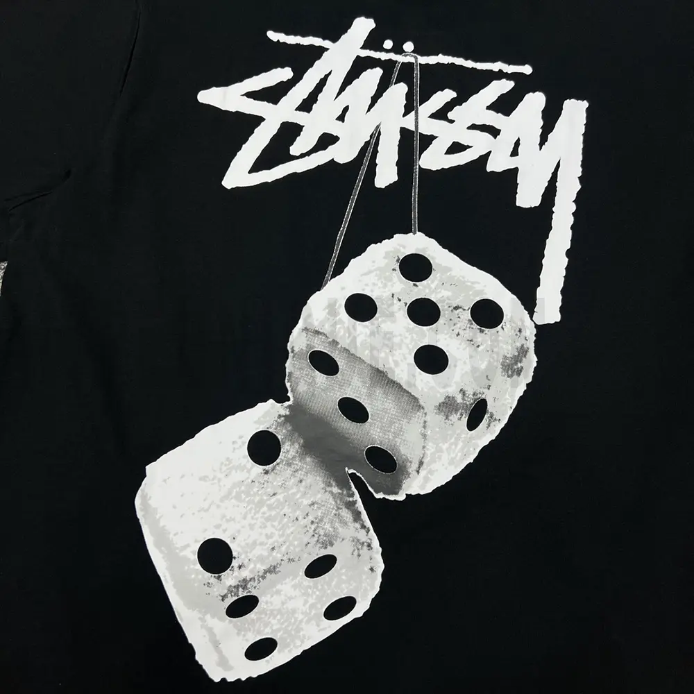 Close-up of the T-shirt print details of the back of the black clothes.