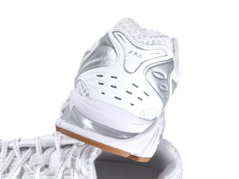 White and silver sneaker heel with mesh and leather accents, featuring a rubber sole.