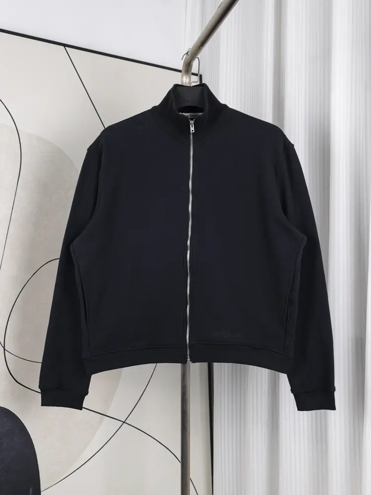 A front view of the Acne Studios Zip-Up Sweatshirt, showcasing its deep black distressed vintage premium fabric and overall design.