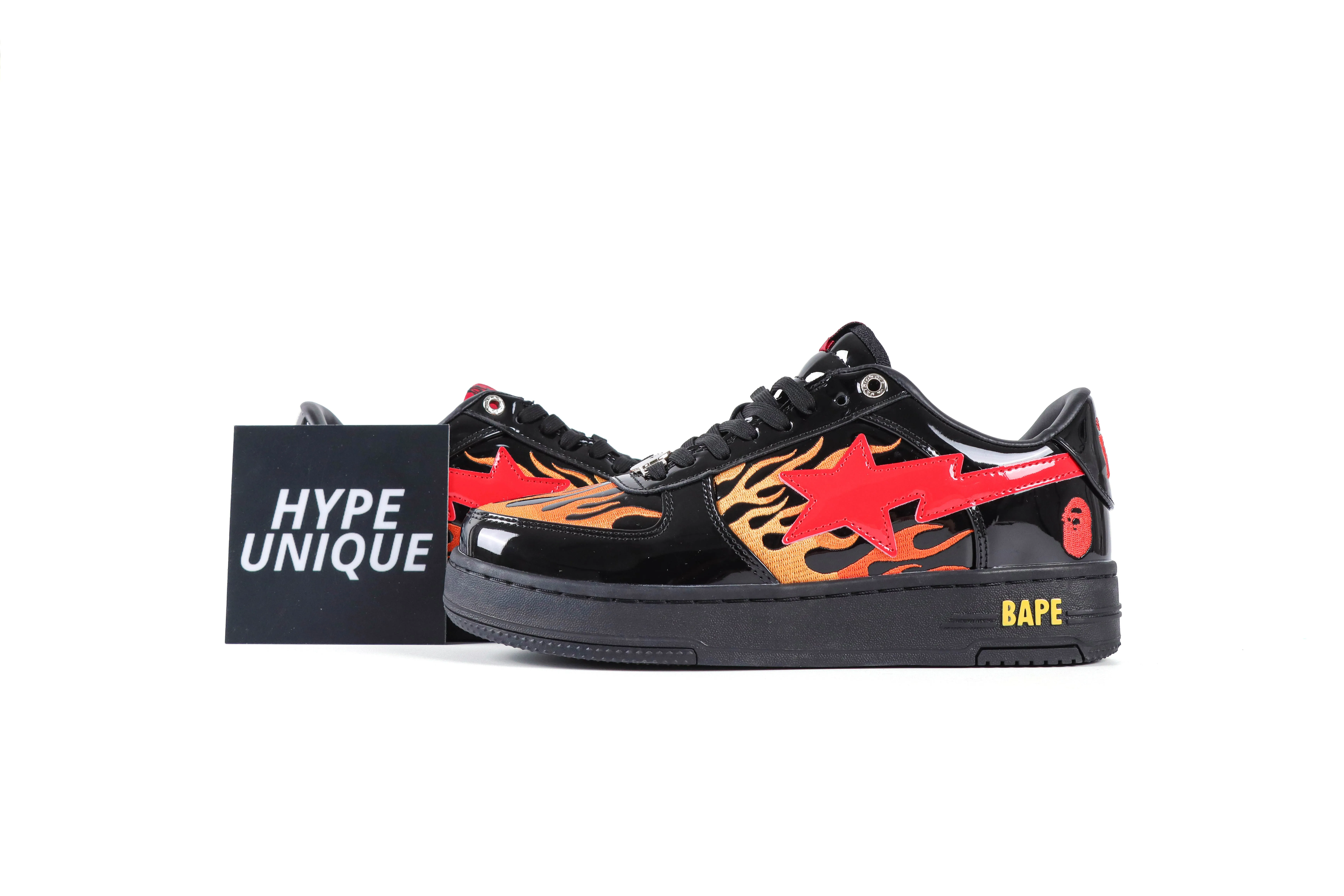 BAPE STA “Black Orange Flame” Patent Leather Sneakers
