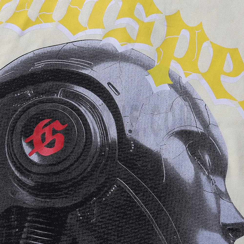 High-definition close-up of the bold robotic skull print, showcasing intricate artwork for a futuristic streetwear vibe