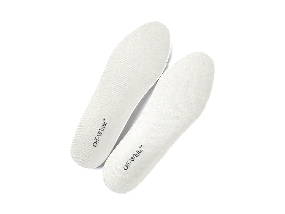 Off-white fabric insoles featuring a minimalist design and printed branding logo.