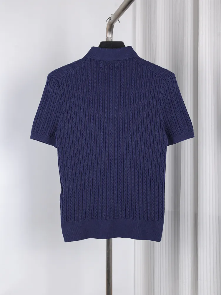 Back of RL Cable Knit Pony Logo Short-Sleeve Polo T-Shirt Color Dark Blue