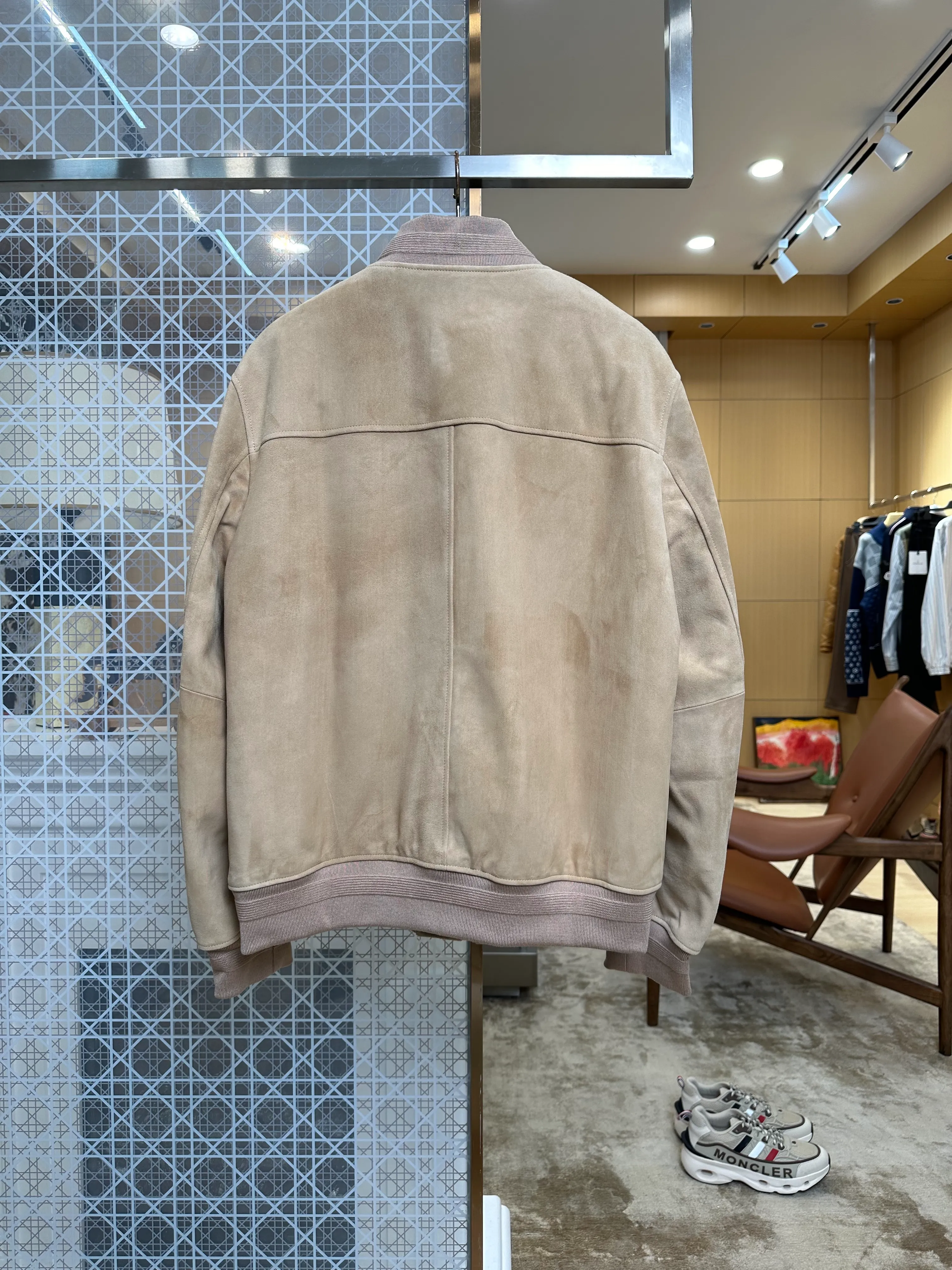 Back View Embossed Logo Suede Baseball Jacket