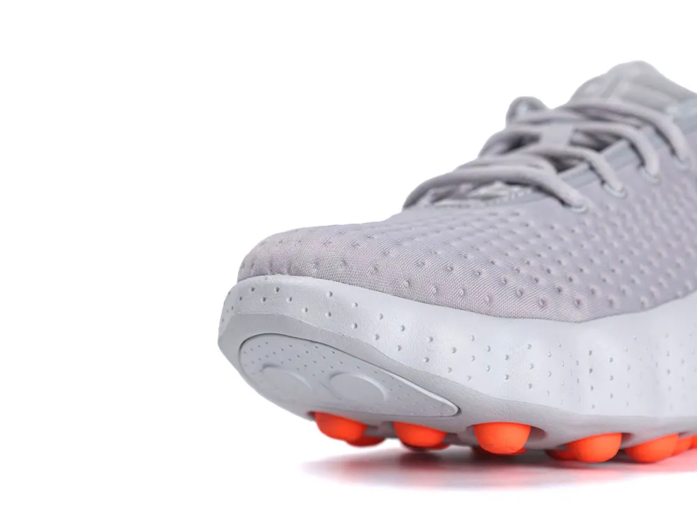 Gray mesh sneaker with rubber sole and orange grips on toe.