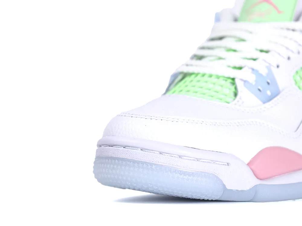 Front angle of Jordan 4 Valentine's Day showing the white leather toe box and icy blue outsole.