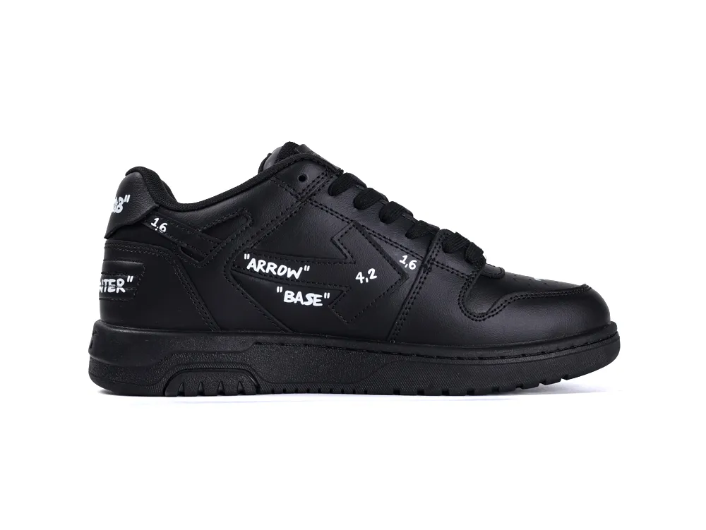 Black leather sneaker featuring white text details and a textured rubber sole.